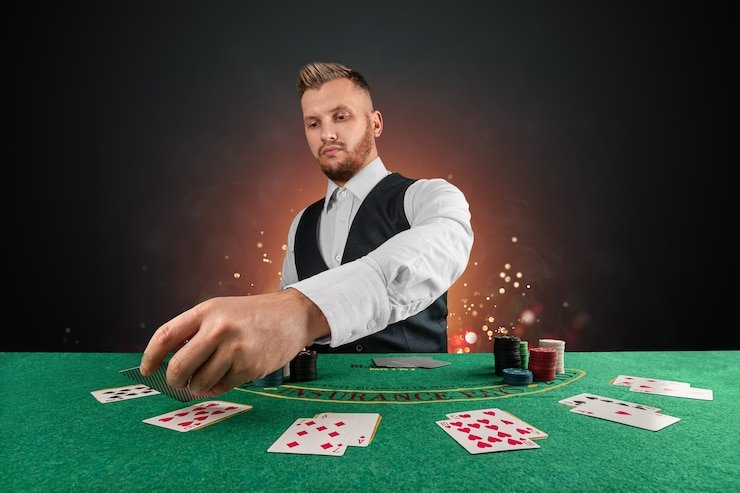 Live dealer at professional casino table with multiple game feeds displayed